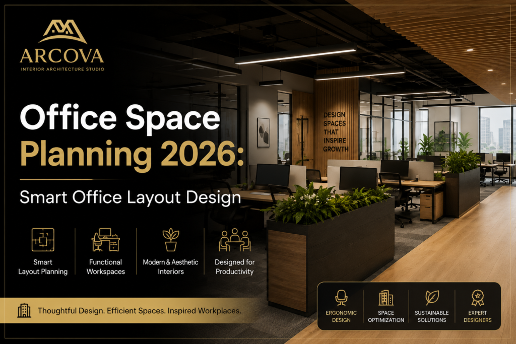Office Space Planning 2026 featuring a modern office layout design with ergonomic workstations, glass meeting rooms, and Arcova Interior Architecture Studio branding.