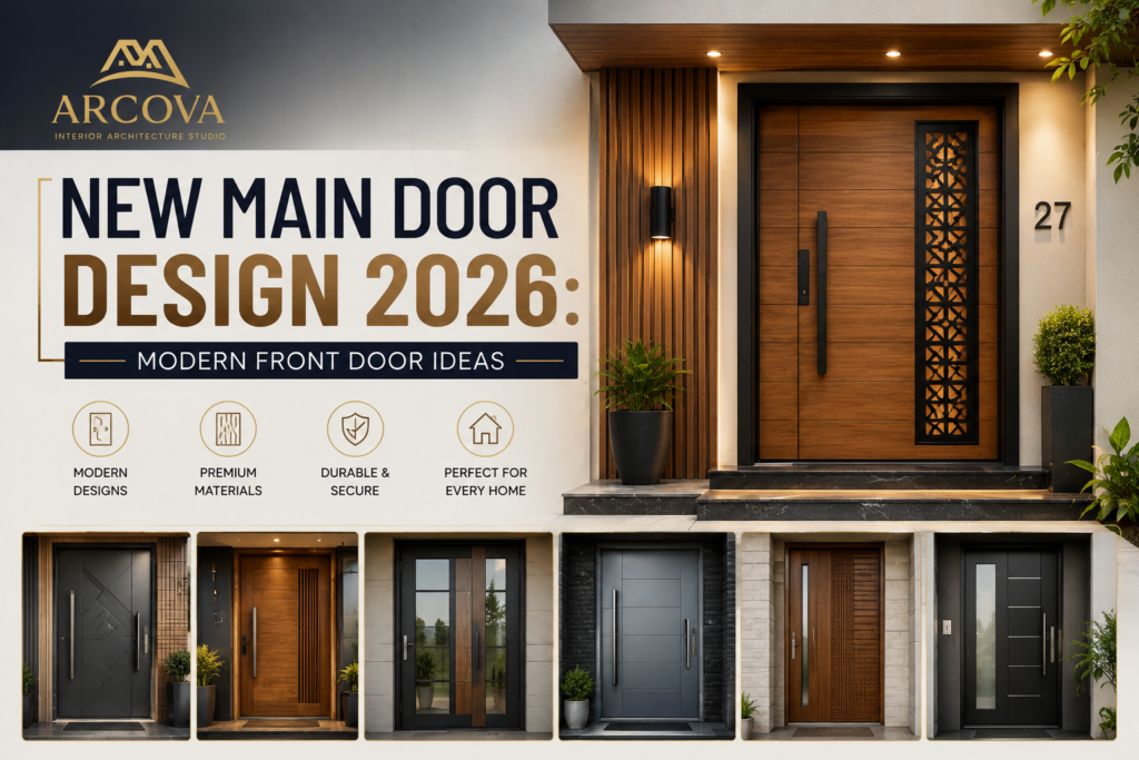 Office Space Planning 2026 featuring a modern office layout design with ergonomic workstations, glass meeting rooms, and Arcova Interior Architecture Studio branding.
